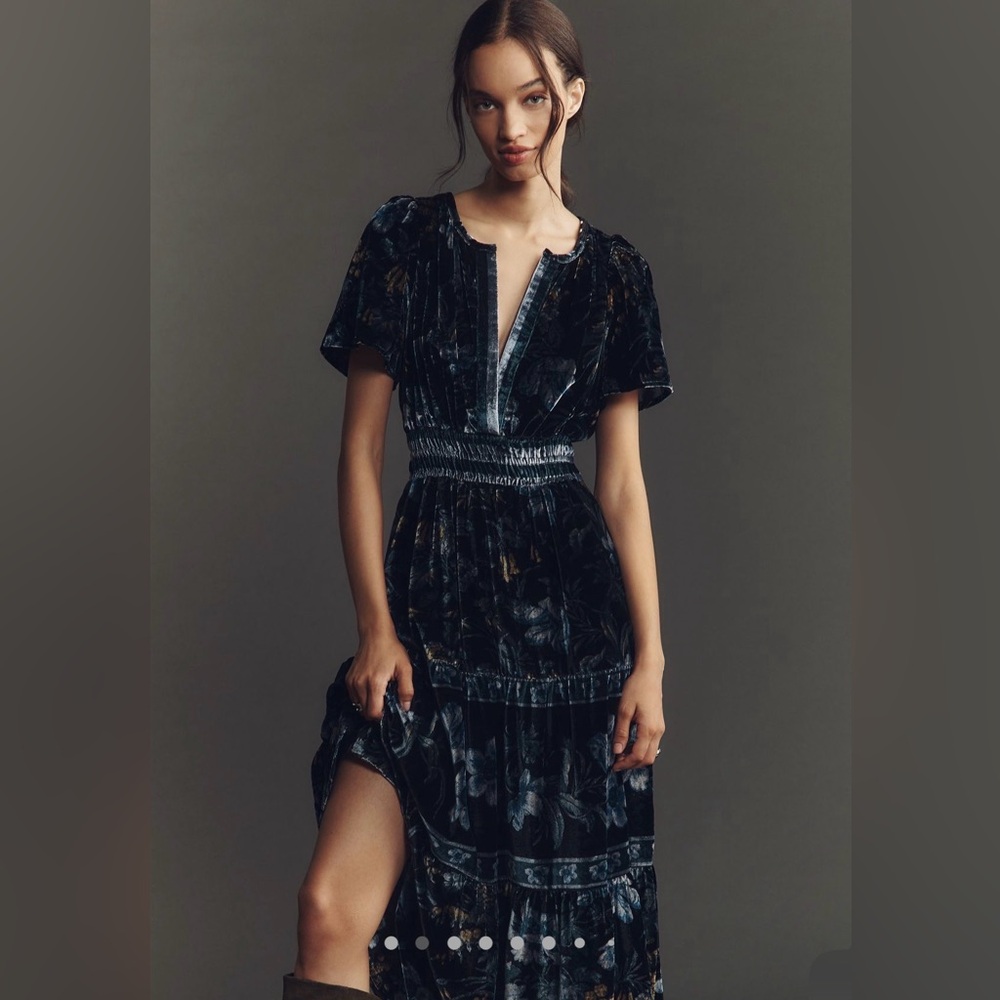 NWT - Anthropologie Dark Blue Floral  Velvet Maxi Dress